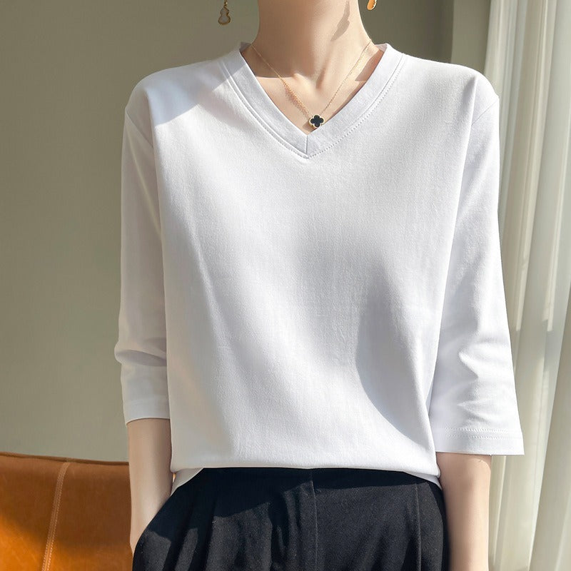 Camiseta para mujer de cuello en V manga francesa algodón suave - Élodie