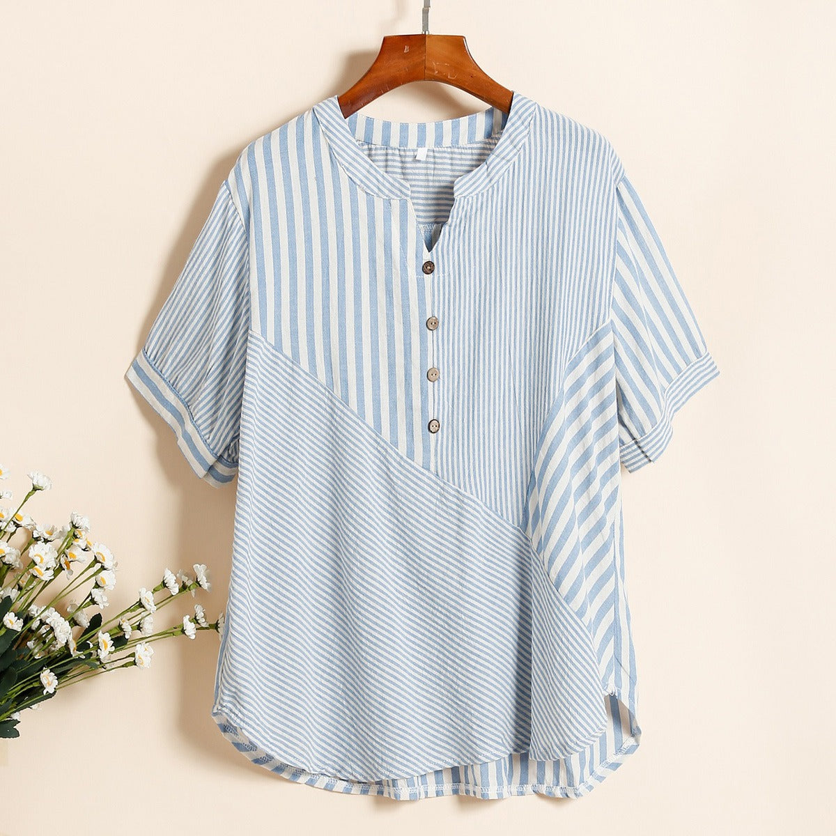 Blusa de mujer con rayas en bloque y cuello en V - Noelia