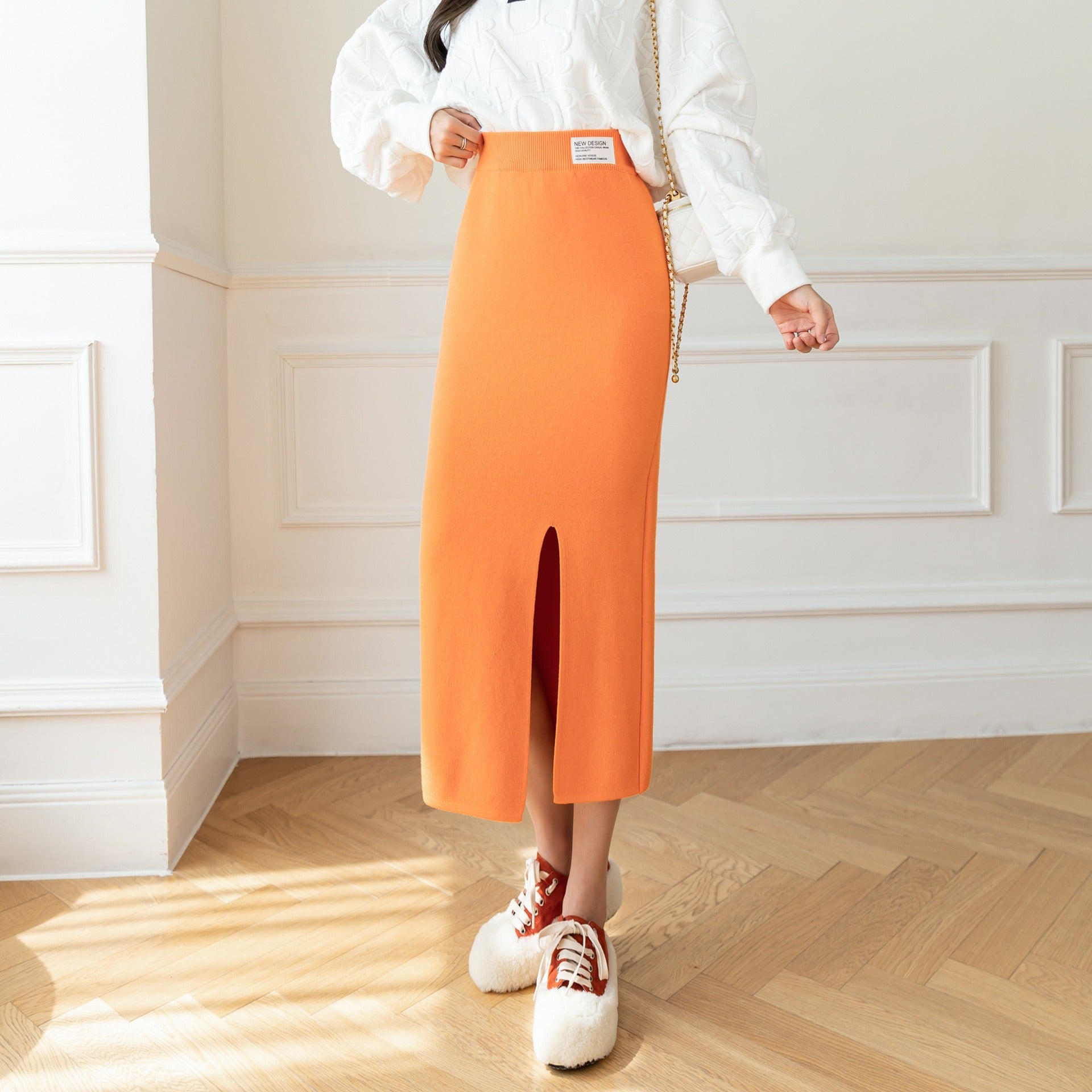 Falda midi para mujer de punto elástico con abertura frontal corte ajustado - Élodie