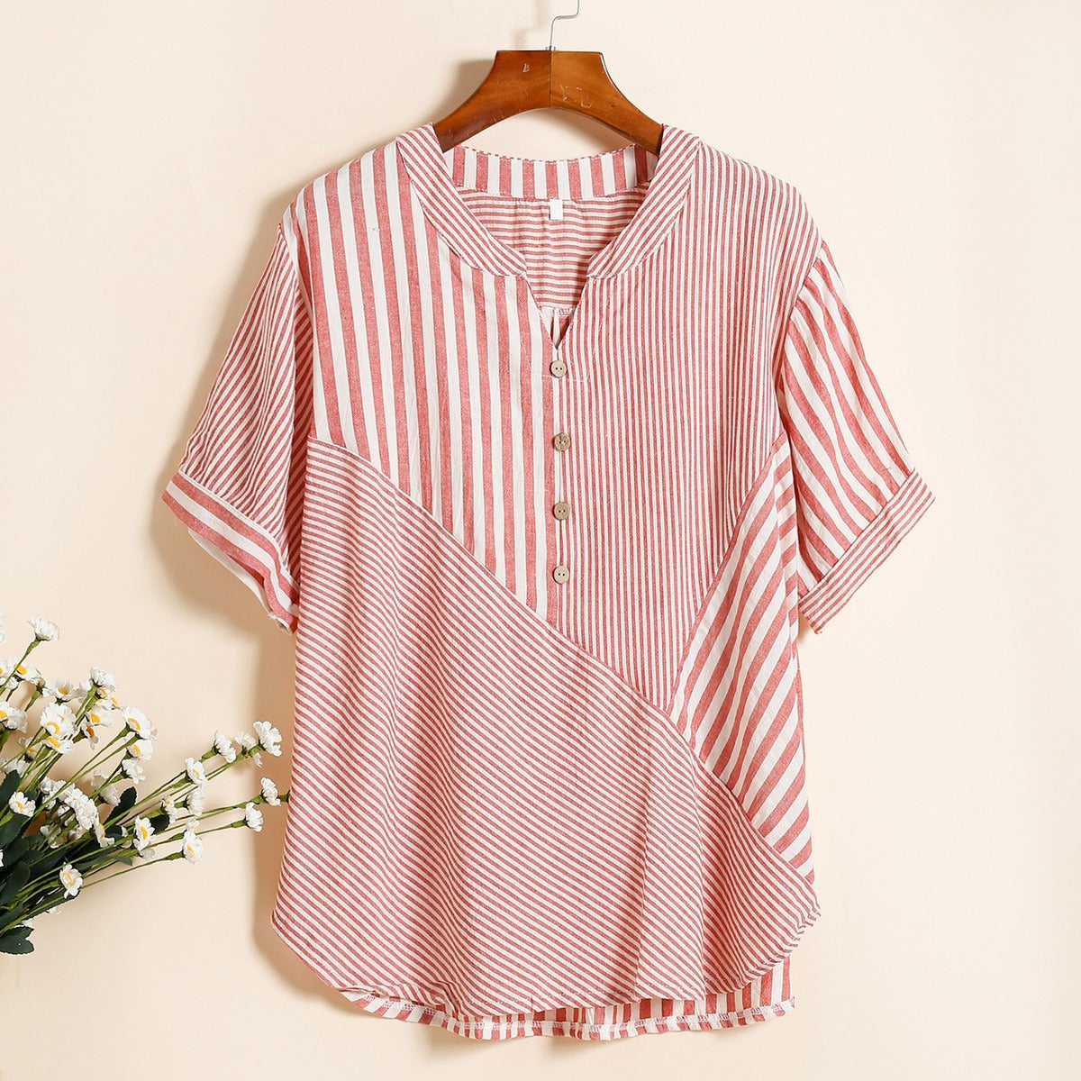 Blusa de mujer con rayas en bloque y cuello en V - Noelia