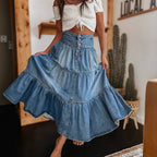 Falda para mujer denim largo midi con vuelo y cintura alta - Nuri