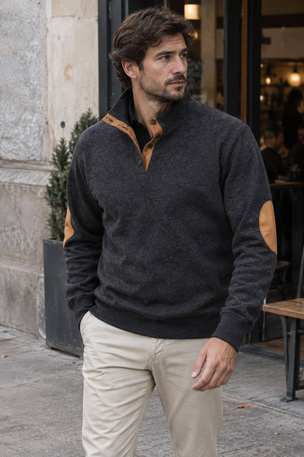 Jersey hombre cuello alto botones coderas contraste - Thorben