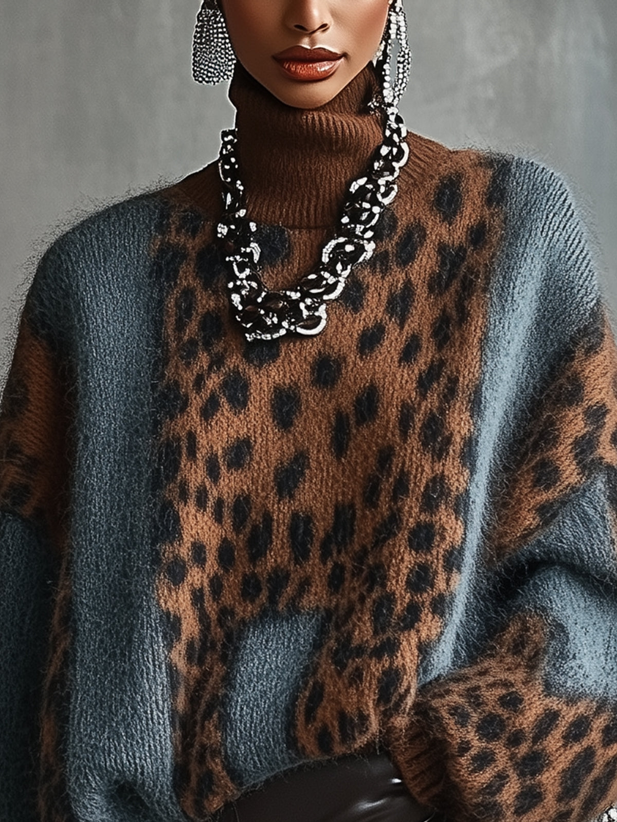 Jersey mujer cuello alto estampado leopardo oversize - Linnea