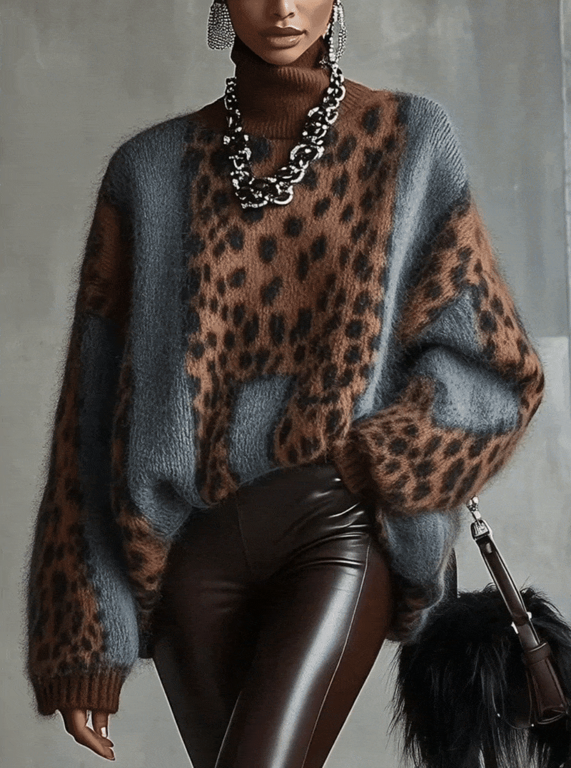 Jersey mujer cuello alto estampado leopardo oversize - Linnea