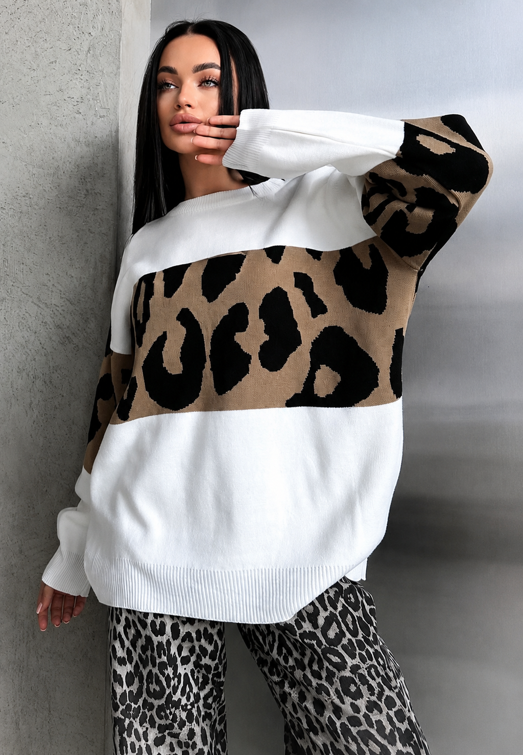 Jersey mujer oversize estampado leopardo bloques de color - Delphine