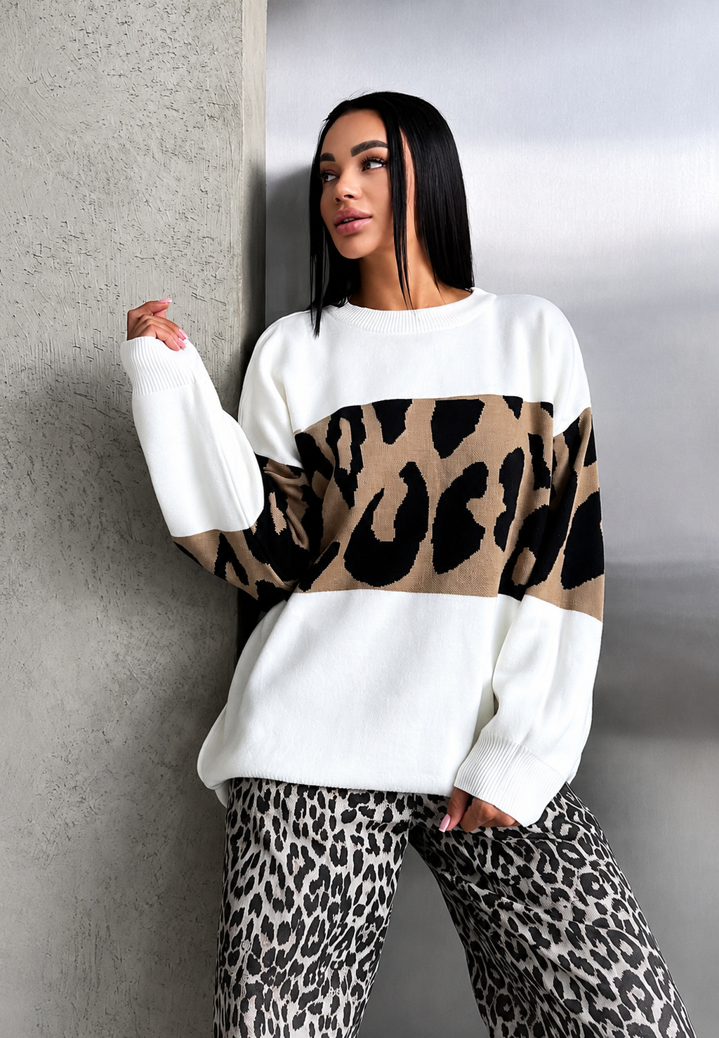 Jersey mujer oversize estampado leopardo bloques de color - Delphine