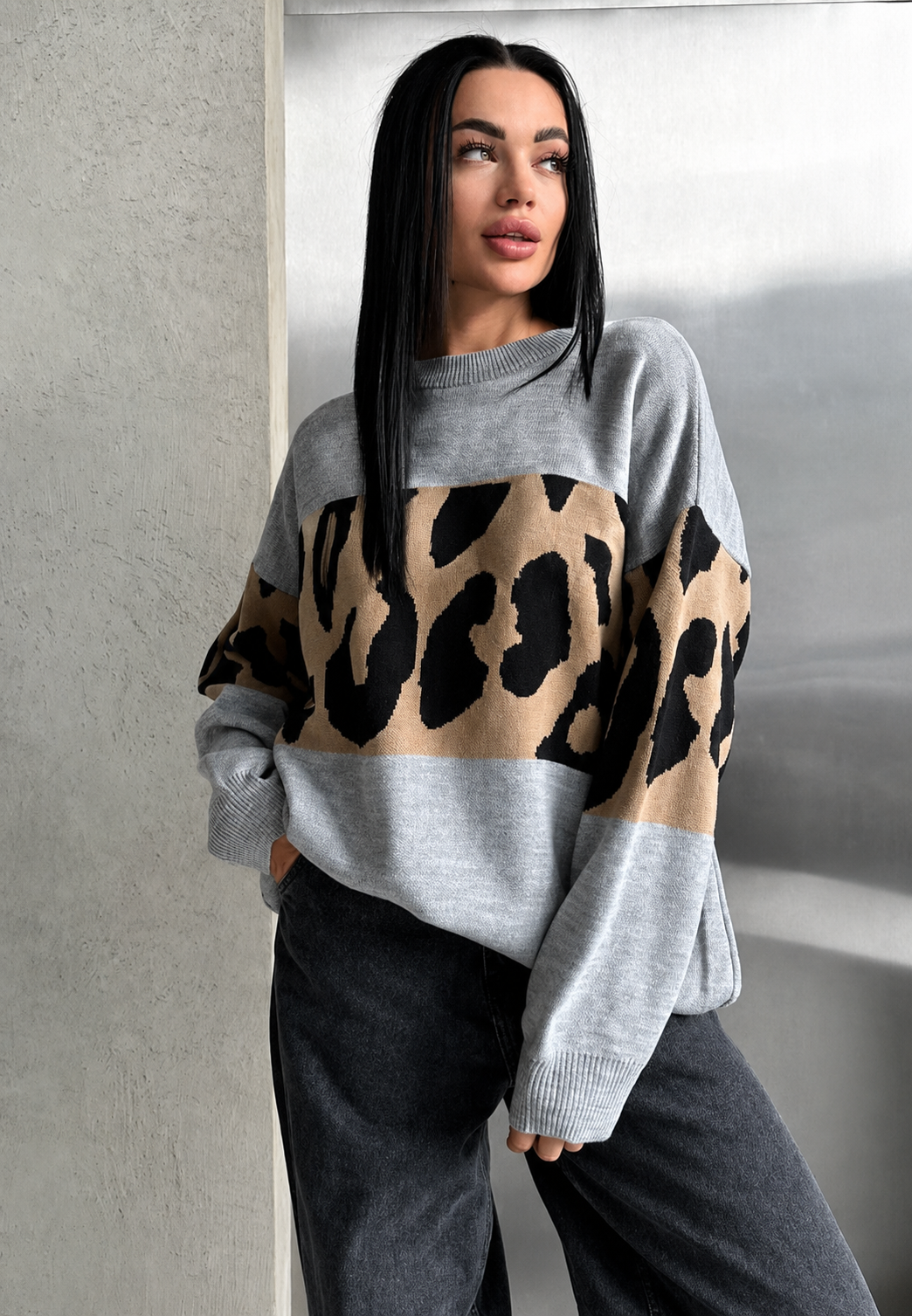 Jersey mujer oversize estampado leopardo bloques de color - Delphine