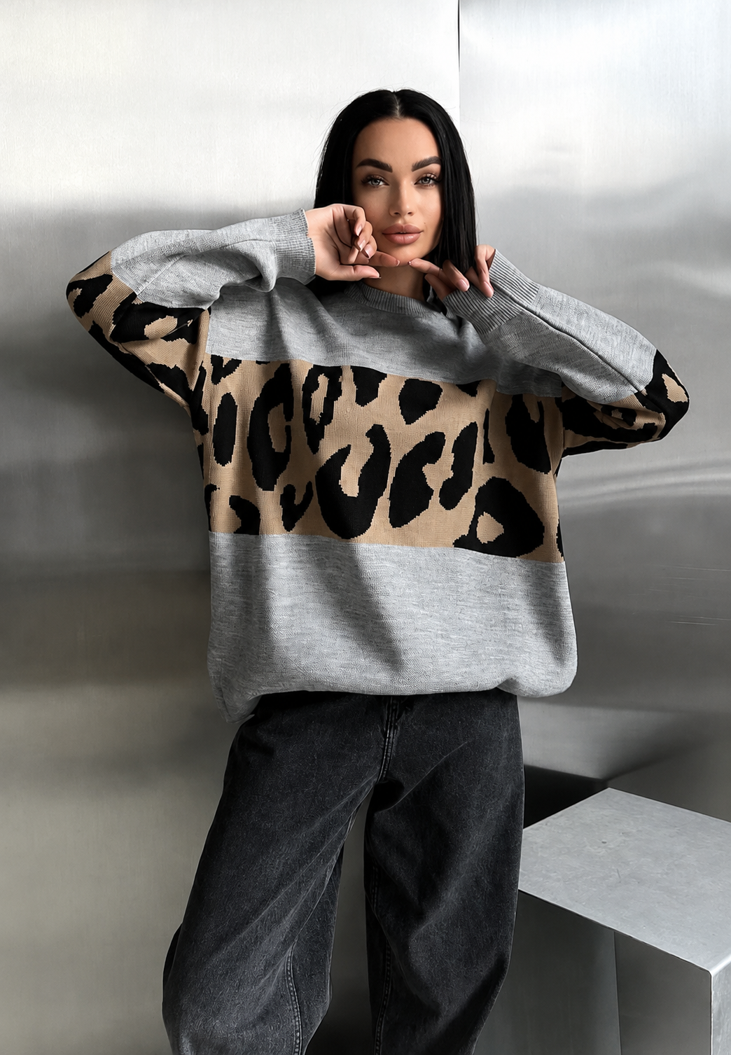 Jersey mujer oversize estampado leopardo bloques de color - Delphine