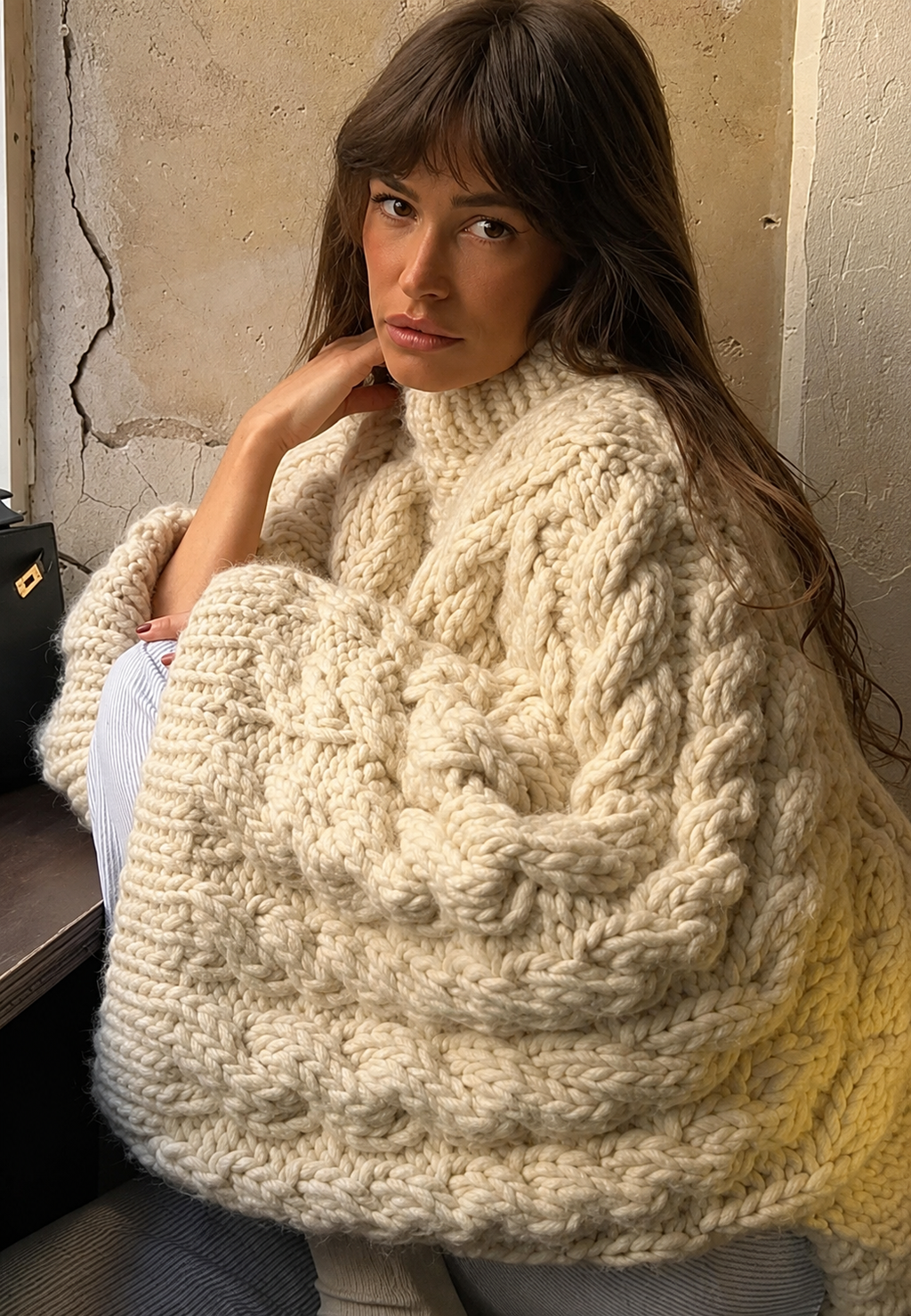Jersey mujer oversize punto trenzado manga acampanada cuello alto - Nerina