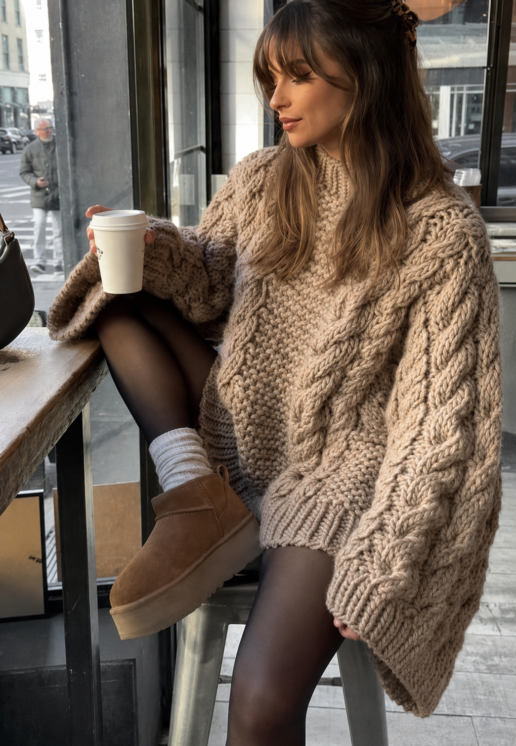 Jersey mujer oversize punto trenzado manga acampanada cuello alto - Nerina