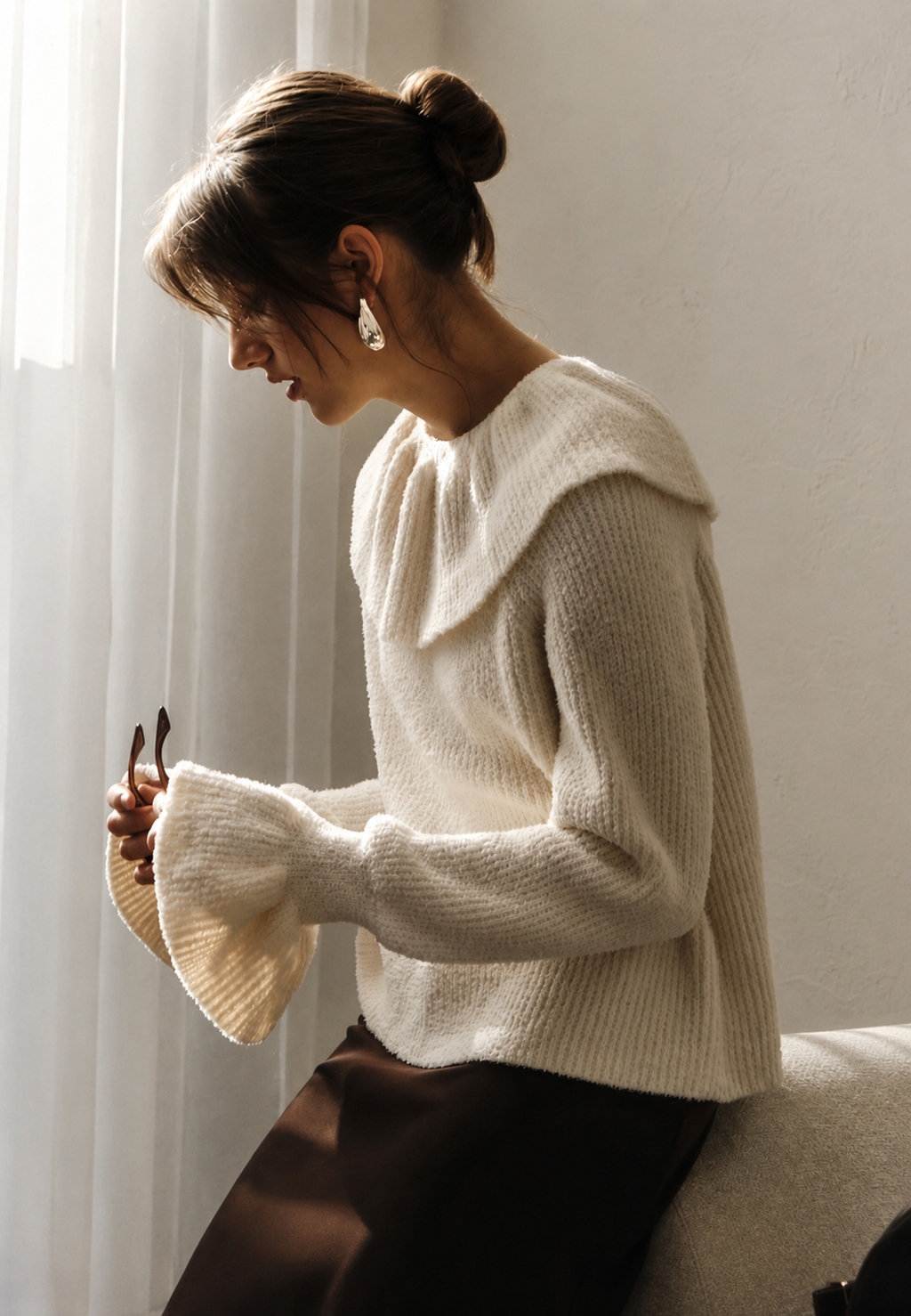 Jersey mujer punto cuello volante manga larga - Capucine