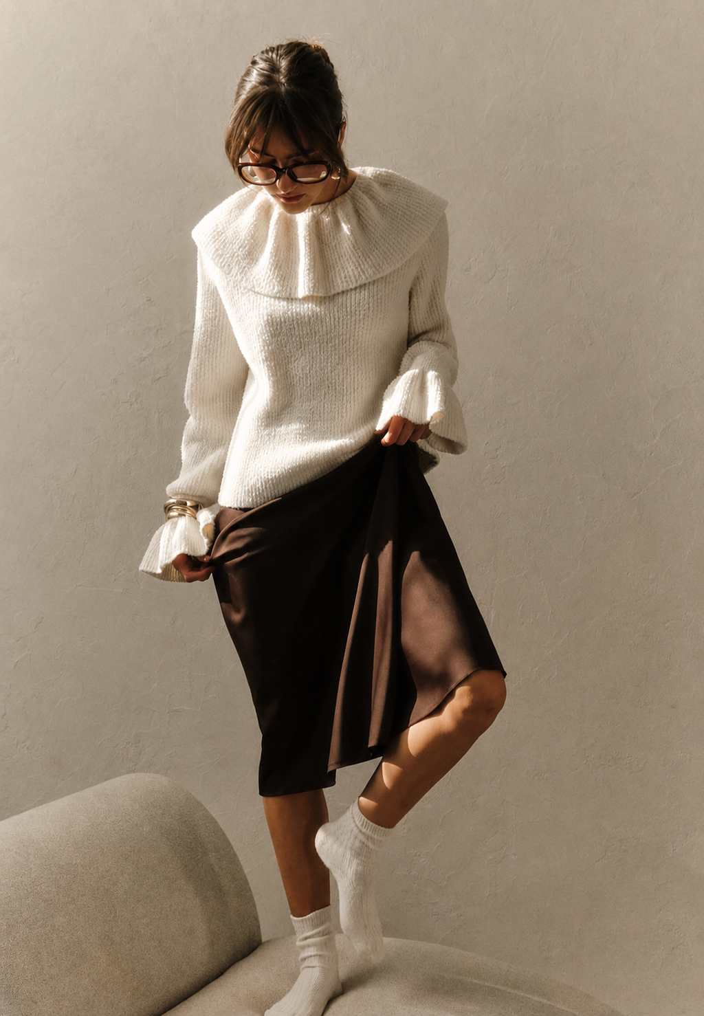 Jersey mujer punto cuello volante manga larga - Capucine