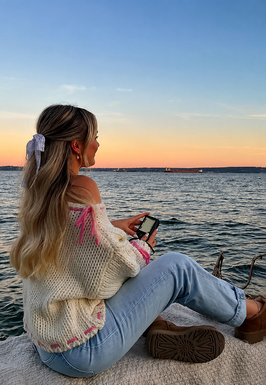 Jersey mujer punto grueso escote barco con lazos - Léonie