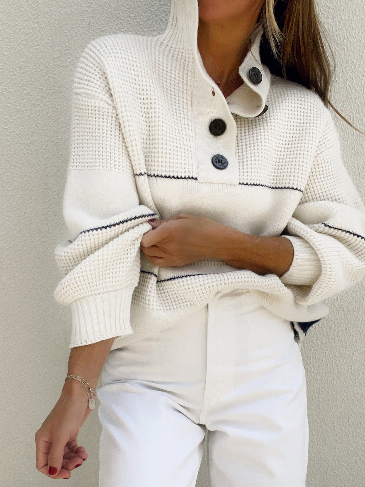Jersey de punto mujer cuello alto abotonado rayas horizontales - Nele