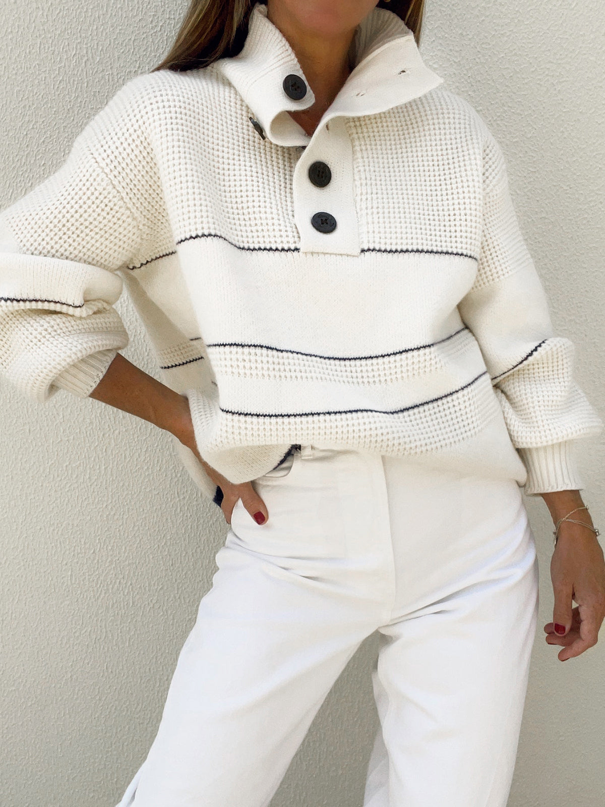 Jersey de punto mujer cuello alto abotonado rayas horizontales - Nele