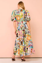 Julia - Vestido midi con escote en pico y mangas abullonadas
