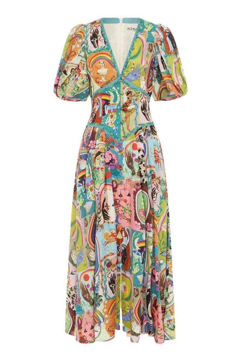 Julia - Vestido midi con escote en pico y mangas abullonadas