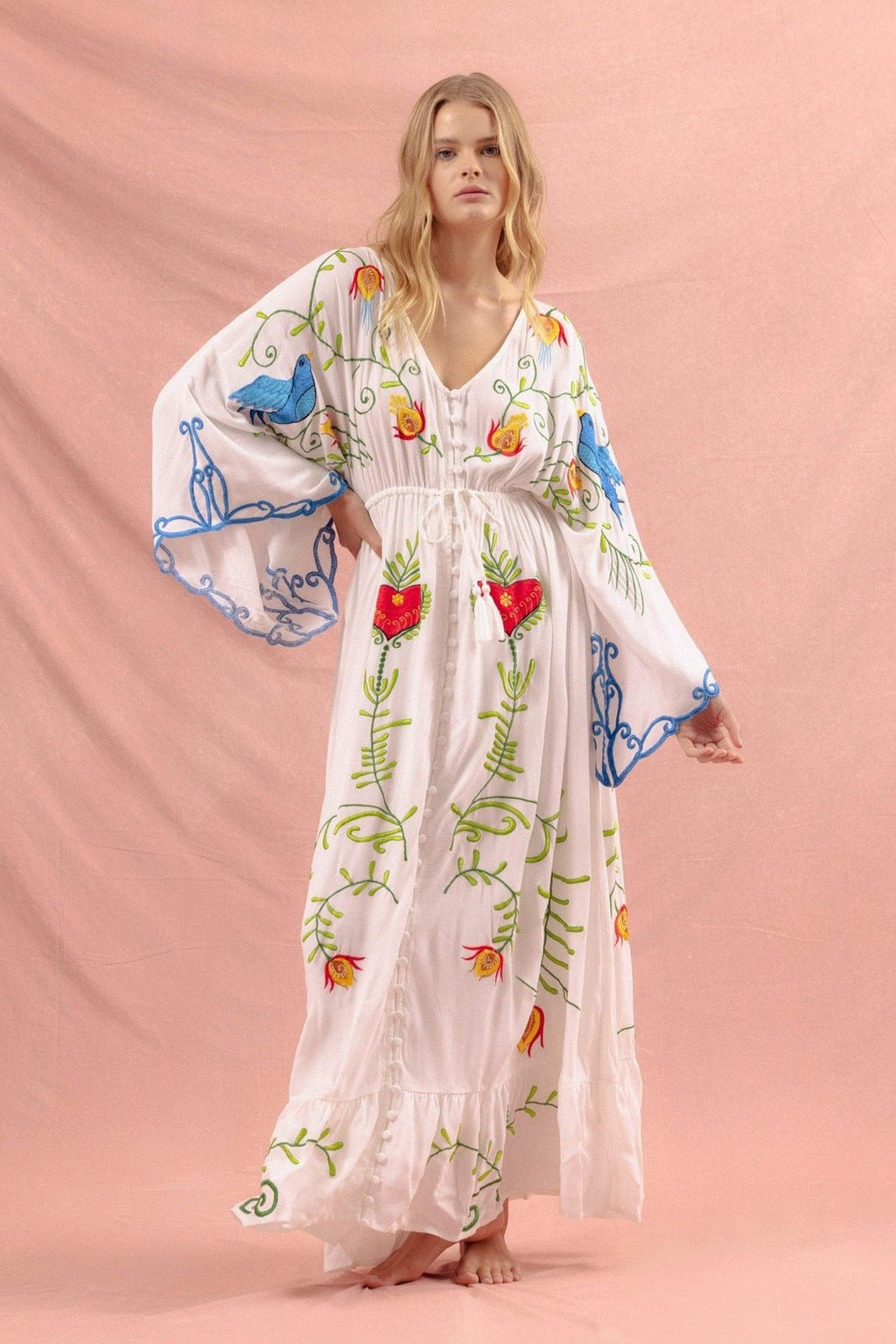 Margit - Vestido bordado con encaje y escote en V