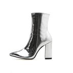 Camila - Botines con cremallera lateral y tacón grueso en punta metalizados