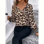Mandy - Blusa de mujer con mangas largas, corte entallado y estampado de leopardo