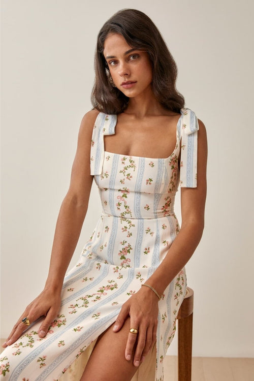 Adela - Vestido midi estampado con lazo y abertura