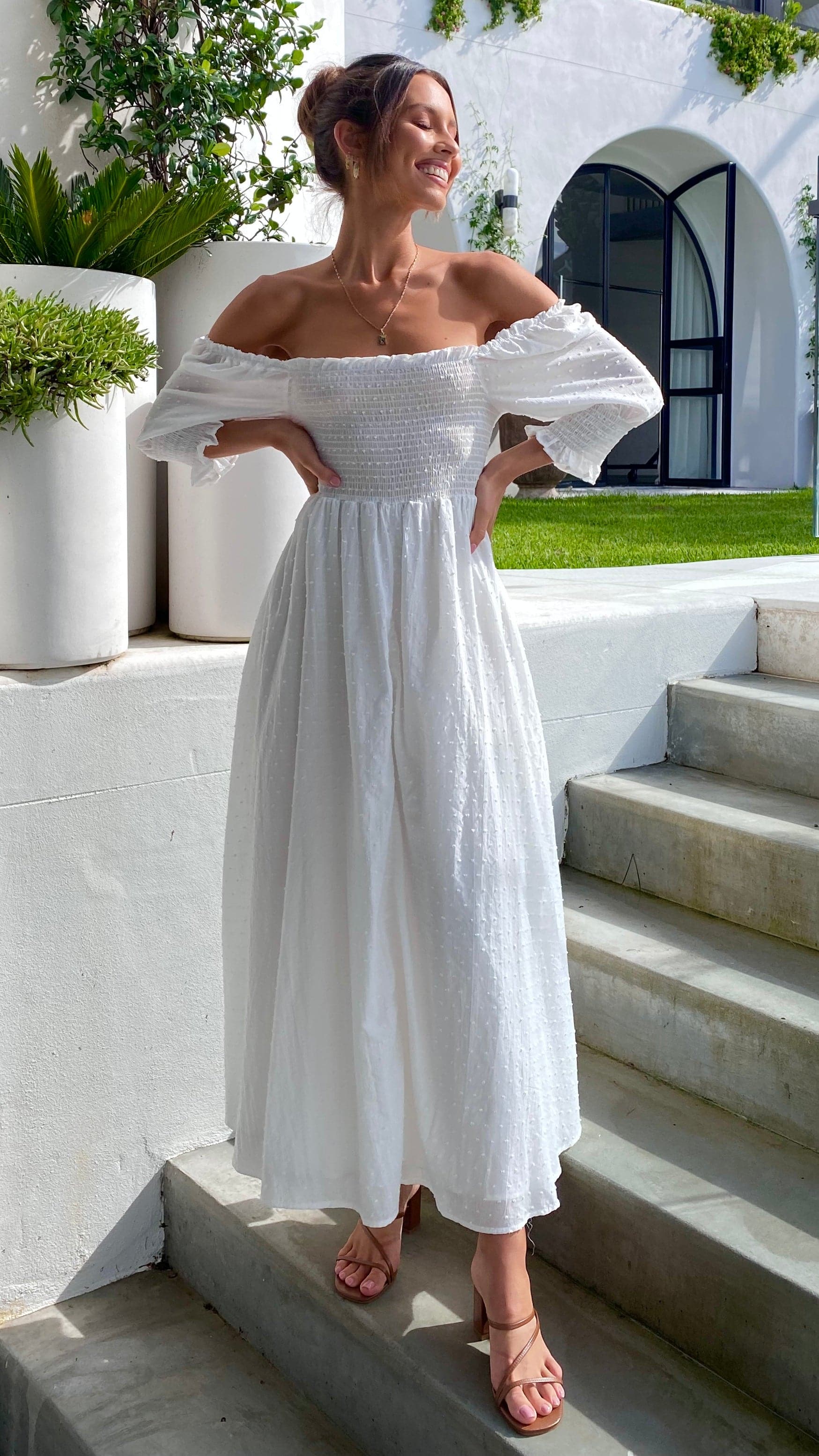 Vestido midi blanco con hombros descubiertos para mujer - Renata