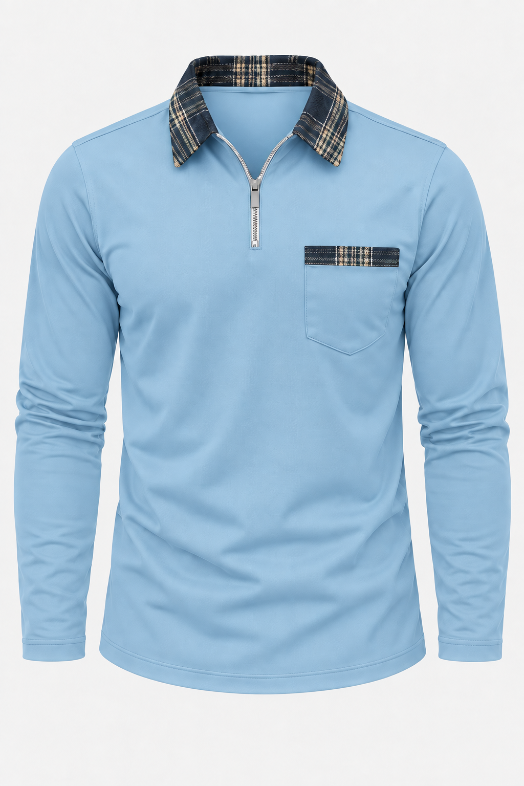 Polo hombre manga larga media cremallera cuello de cuadros - Sören