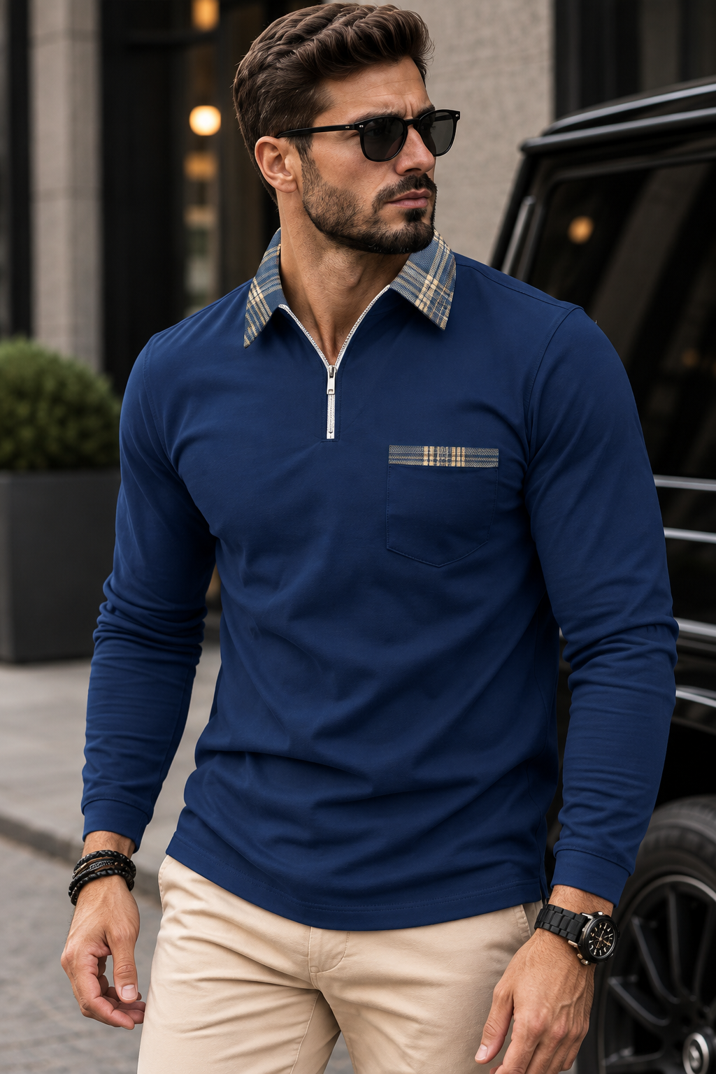 Polo hombre manga larga media cremallera cuello de cuadros - Sören