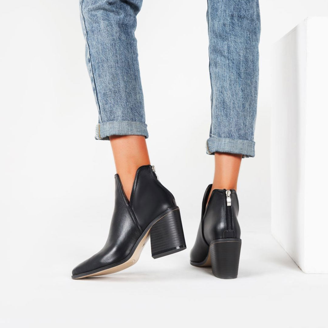 Amelia - Botines retro de piel sintética con puntera de muesca y tacón grueso