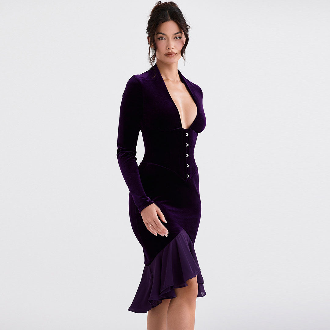Clara - Minivestido de terciopelo muy escotado con inserciones de malla