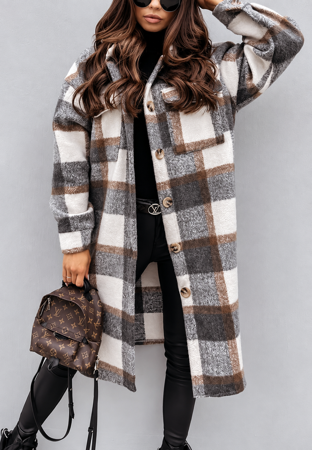 Chaqueta larga de cuadros con botones - Coralie