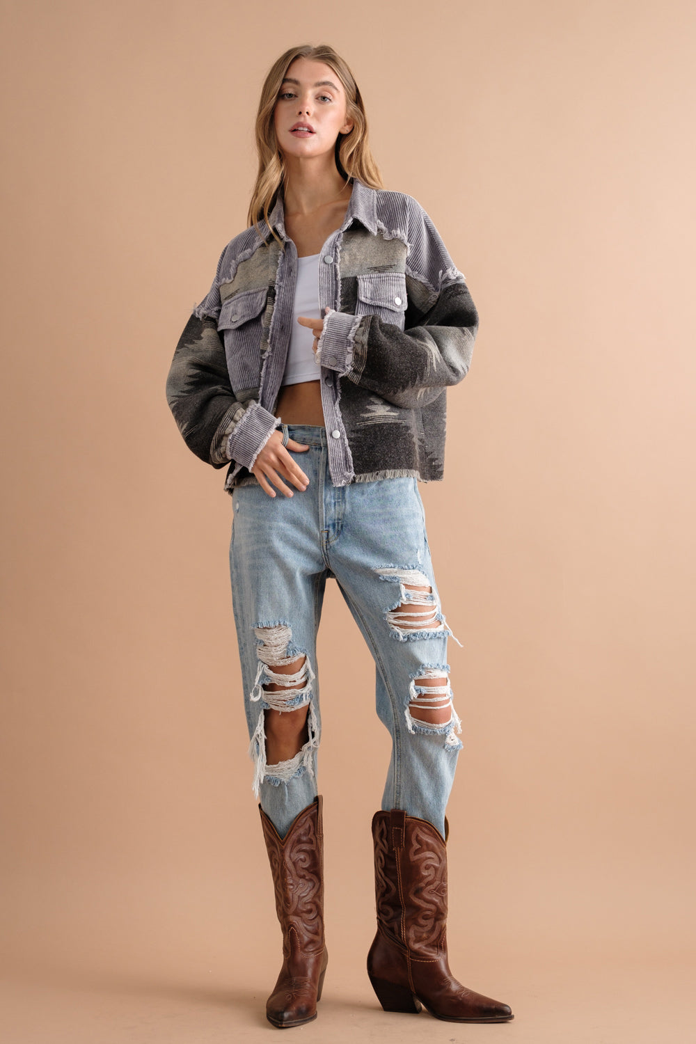 Sobrecamisa mujer combinada pana jacquard bolsillos - Océane