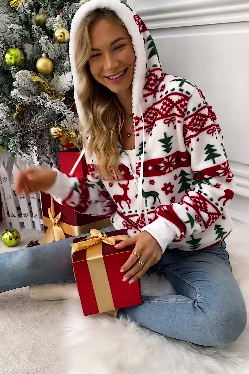 Sudadera mujer capucha cremallera estampado navideño - Nolwenn
