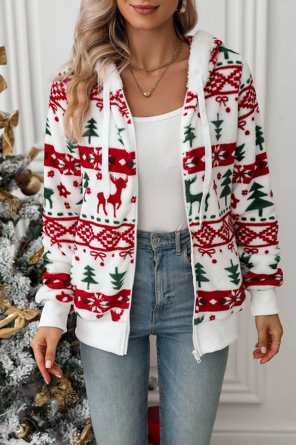 Sudadera mujer capucha cremallera estampado navideño - Nolwenn