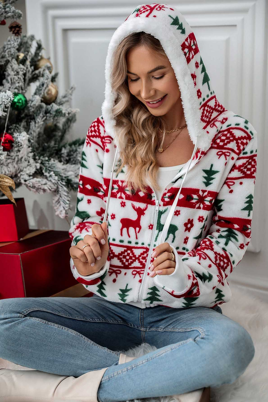 Sudadera mujer capucha cremallera estampado navideño - Nolwenn