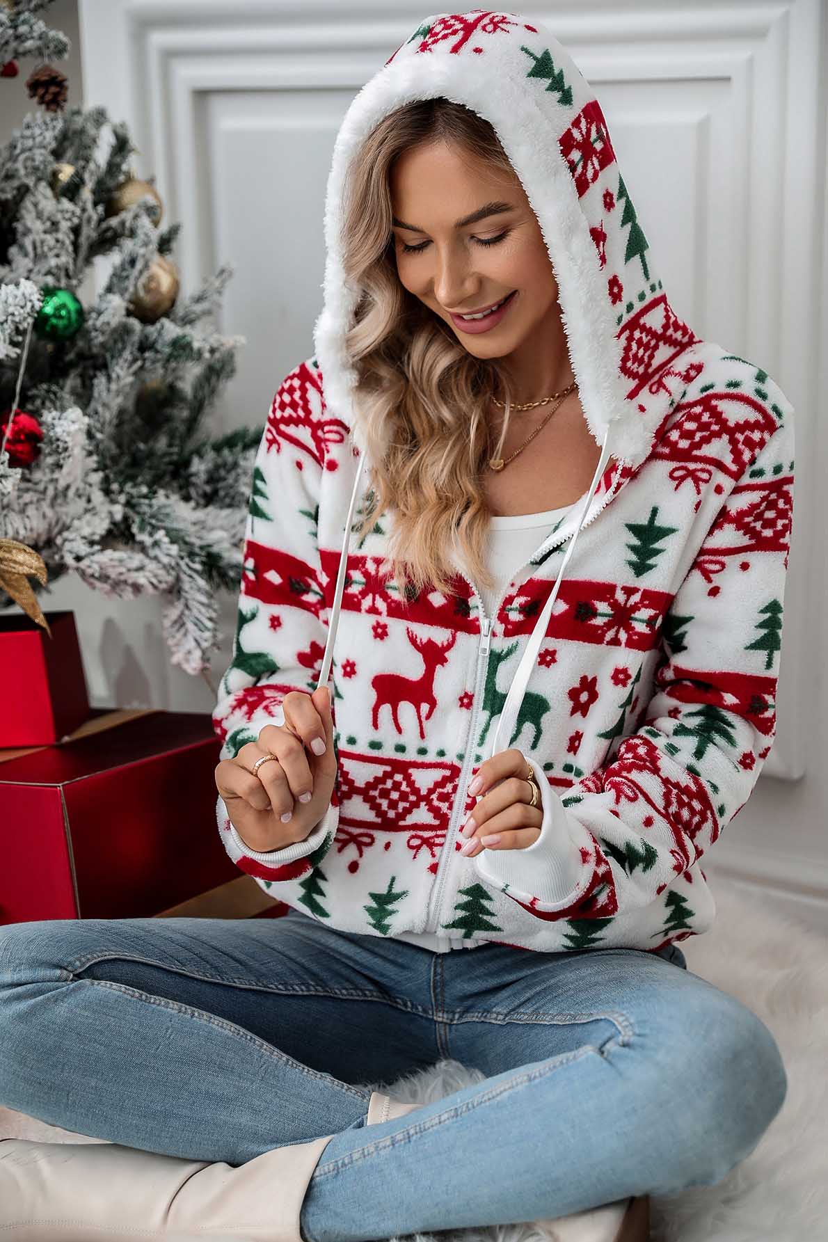 Sudadera mujer capucha cremallera estampado navideño - Nolwenn