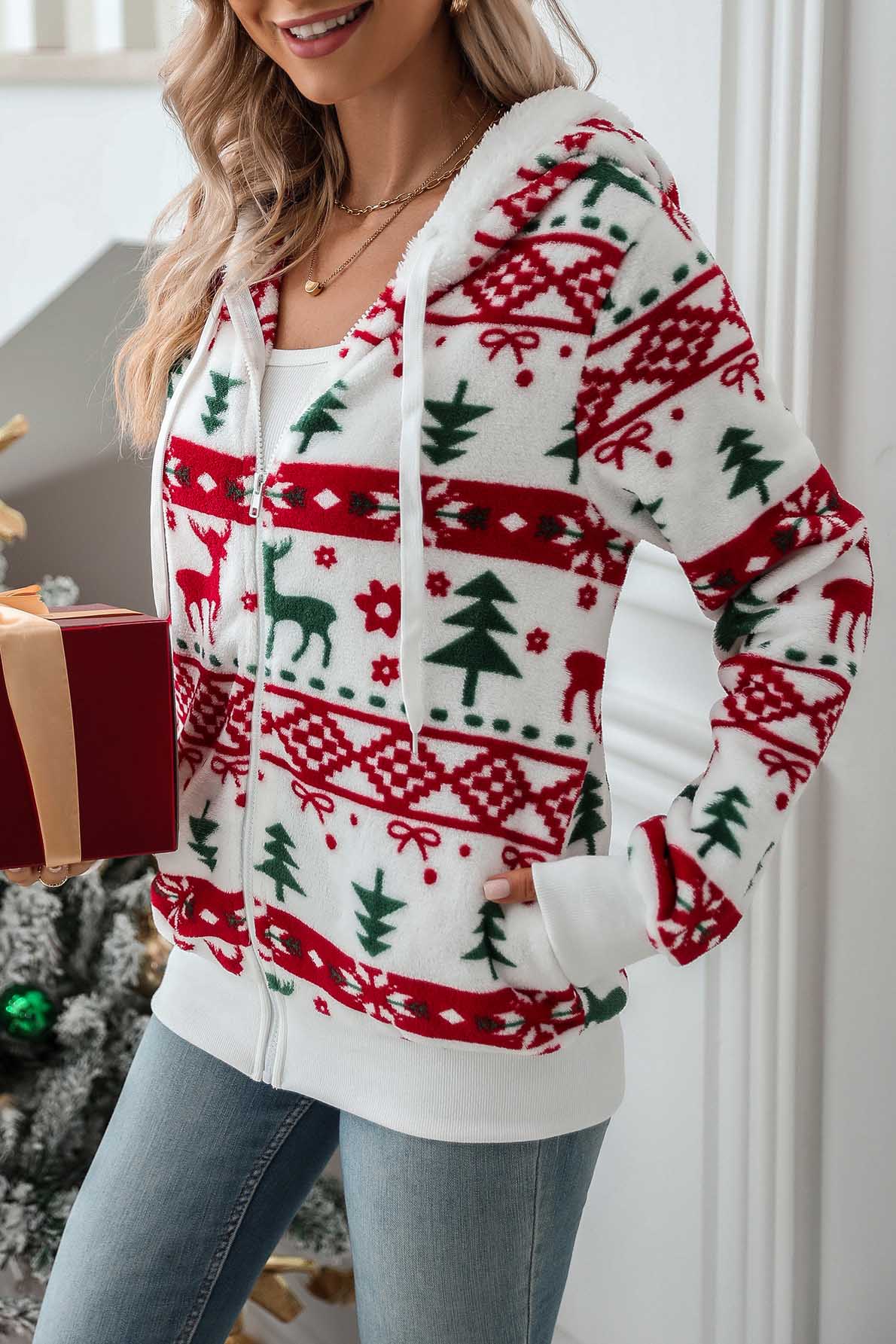 Sudadera mujer capucha cremallera estampado navideño - Nolwenn