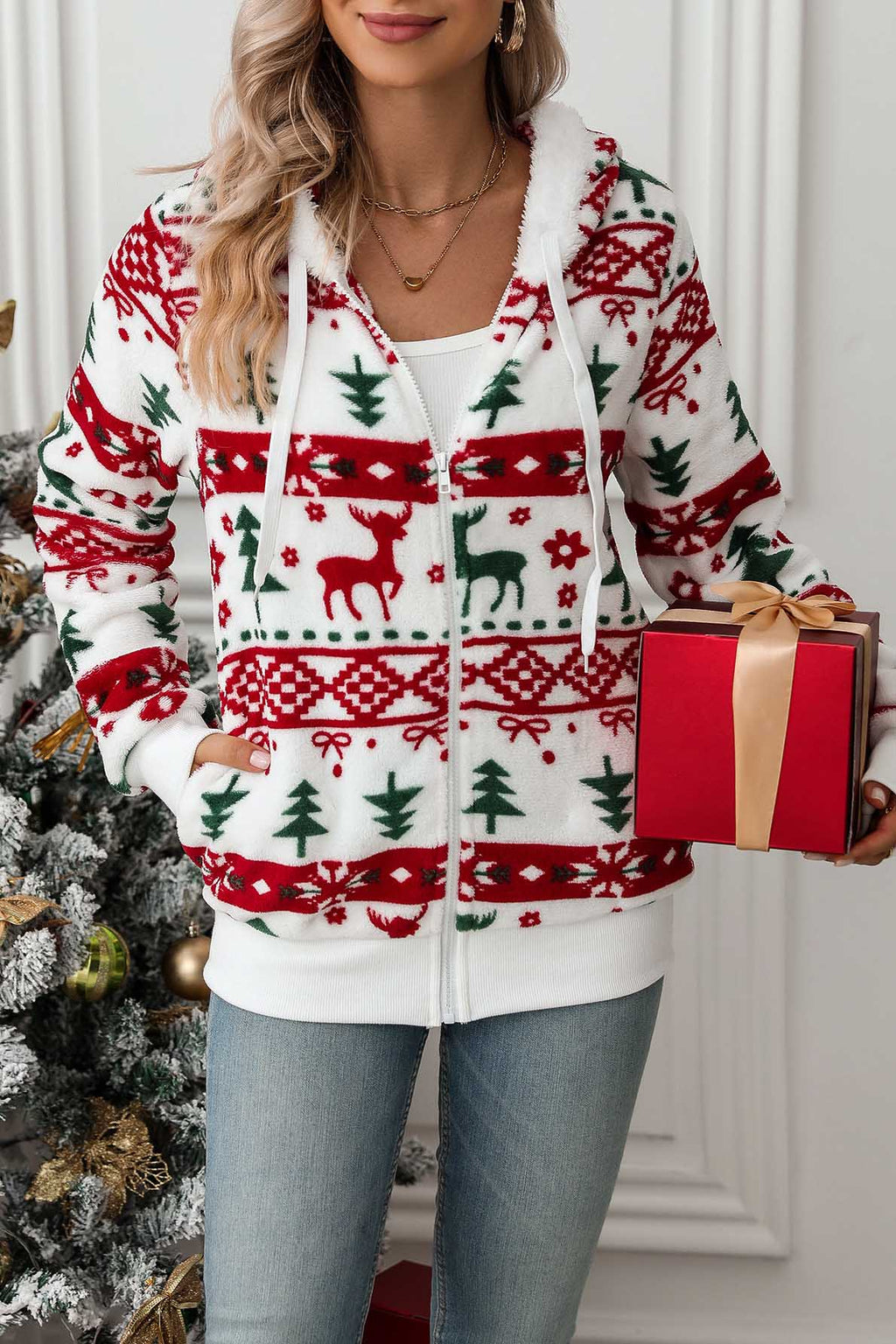 Sudadera mujer capucha cremallera estampado navideño - Nolwenn