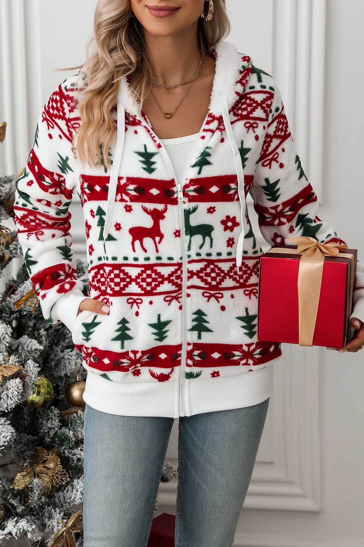 Sudadera mujer capucha cremallera estampado navideño - Nolwenn