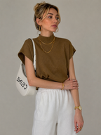 Top de punto de cuello alto para mujer de manga corta - Elin