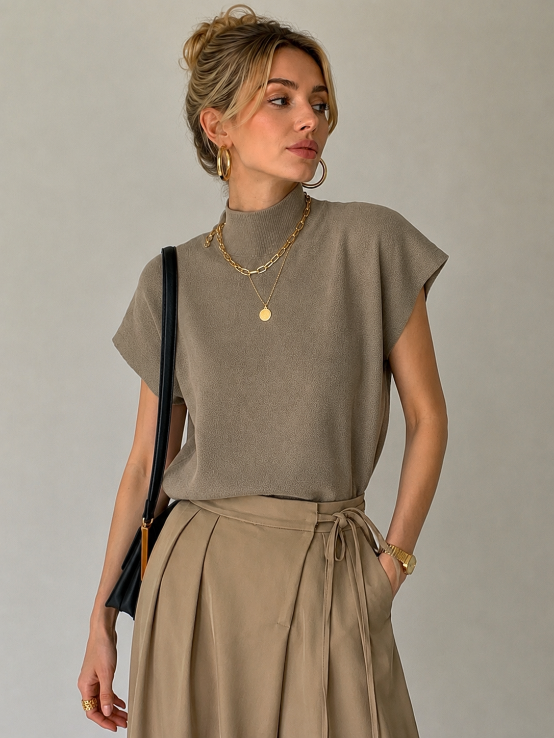 Top de punto de cuello alto para mujer de manga corta - Elin