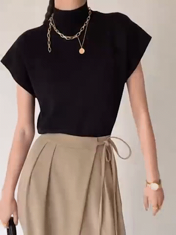 Top de punto de cuello alto para mujer de manga corta - Elin