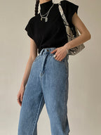 Top de punto de cuello alto para mujer de manga corta - Elin