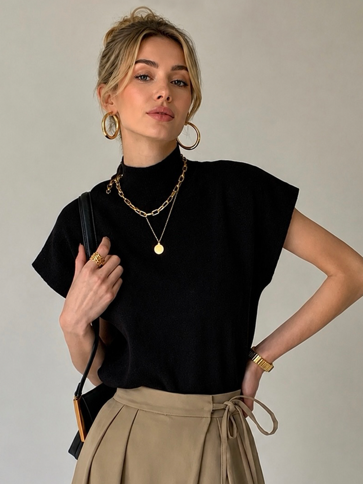 Top de punto de cuello alto para mujer de manga corta - Elin