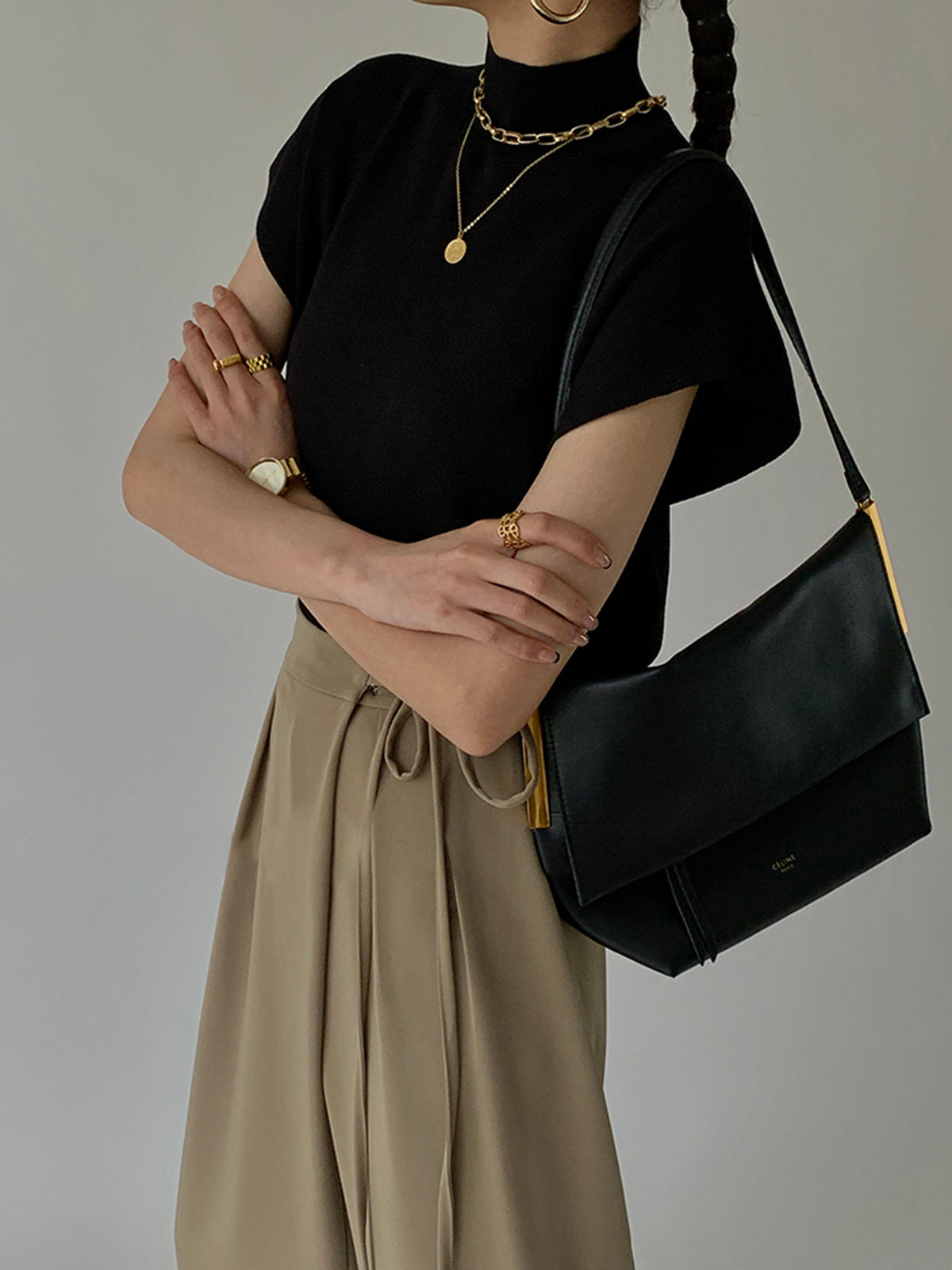 Top de punto de cuello alto para mujer de manga corta - Elin