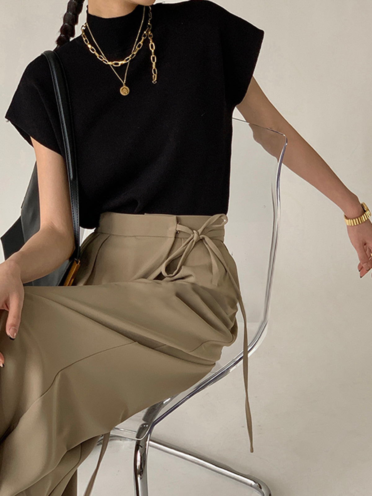 Top de punto de cuello alto para mujer de manga corta - Elin