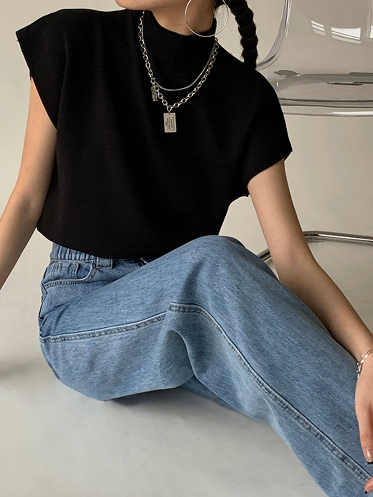 Top de punto de cuello alto para mujer de manga corta - Elin