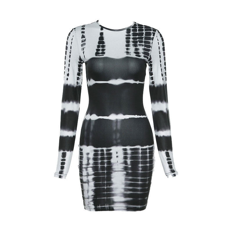Elina - Mini Vestido Bodycon de Manga Larga con Mezcla de Tie Dye de Moda