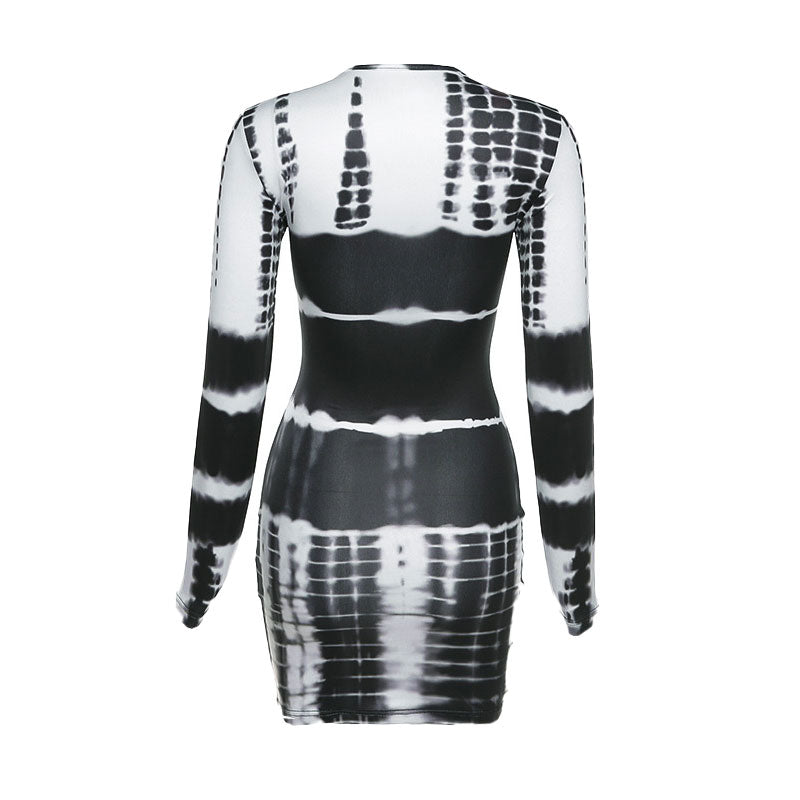 Elina - Mini Vestido Bodycon de Manga Larga con Mezcla de Tie Dye de Moda
