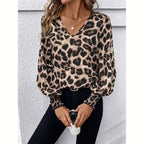 Mandy - Blusa de mujer con mangas largas, corte entallado y estampado de leopardo